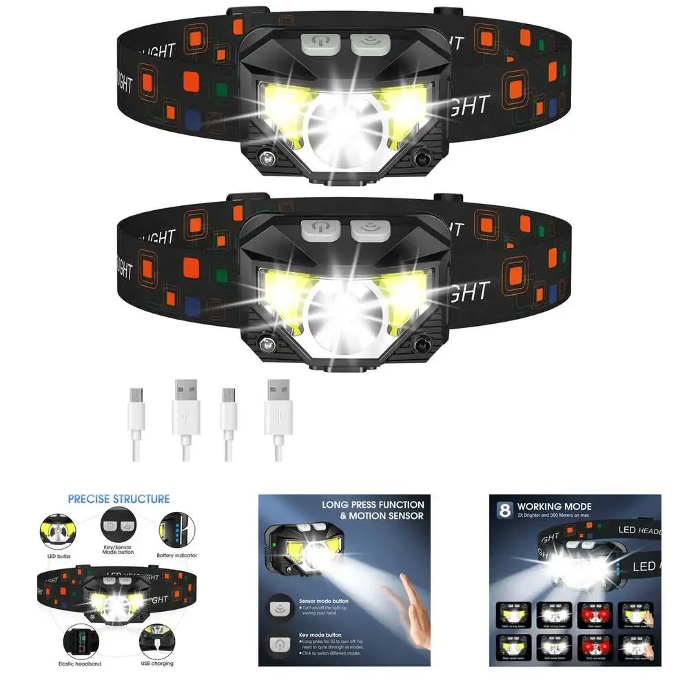 Headlamp Flashlight LED Rechargeable Camping Light with Motion Sensor And